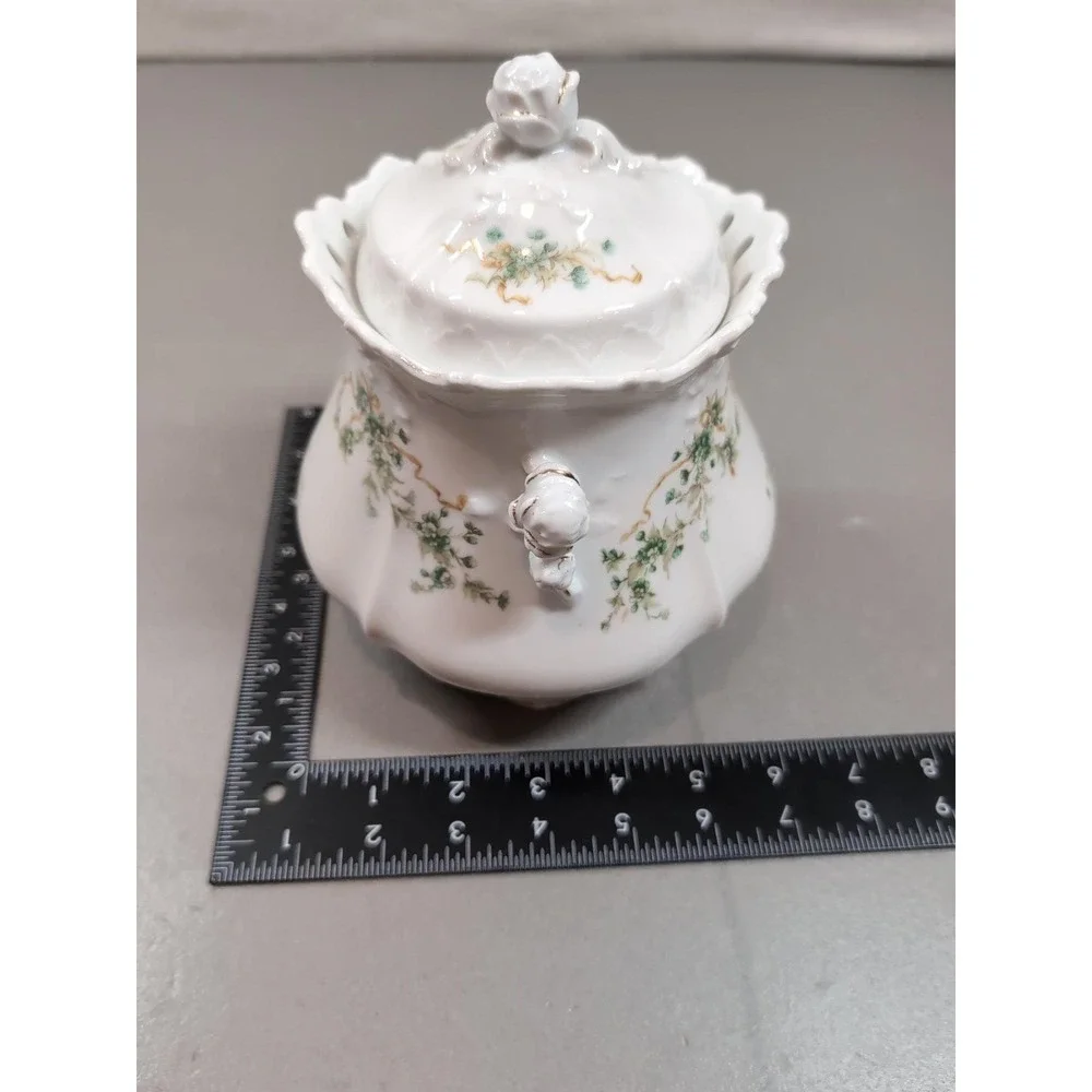 Antique Hermann Ohme Eglantine Porcelain Covered Sugar Bowl Germany Floral Gold